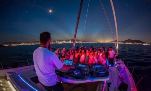 DJ on catamaran hire Barcelona summer event DJ on catamaran hire Barcelona summer event