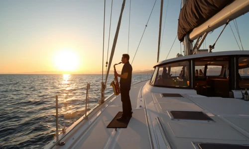 Live saxophone catamaran hire Barcelona sunset Live saxophone catamaran hire Barcelona sunset